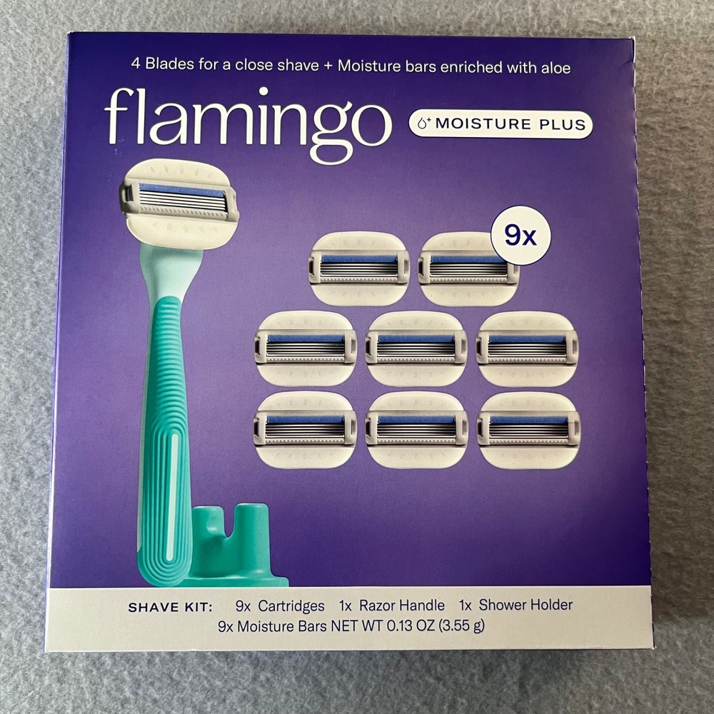Flamingo Moisture‎ Plus Shave Kit Teal Razor Handle 9 Cartridges Shower Holder